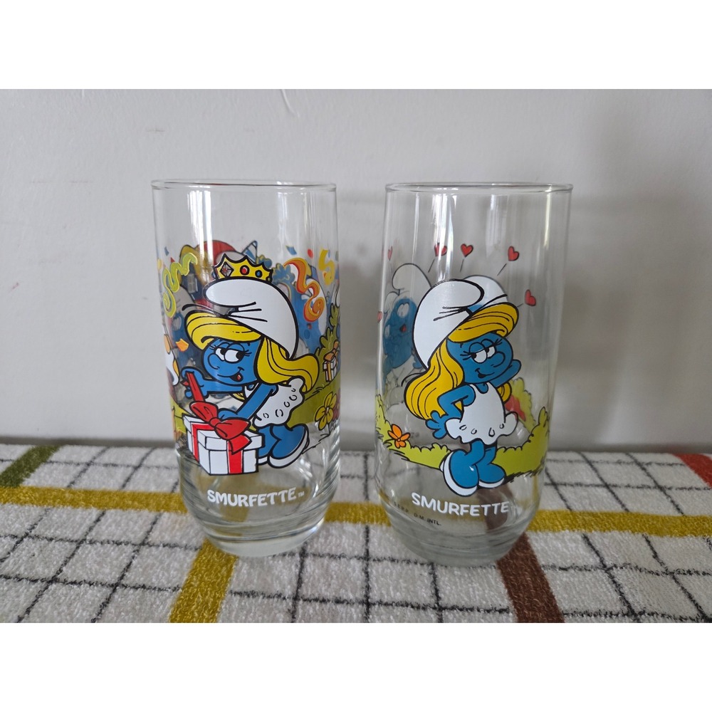 Vintage 1983 Smurfs Smurfette Drinking Glasses Set of 2 Wallace Berrie Peyo 80s